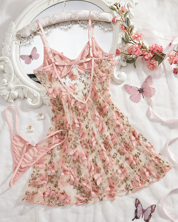 Curvvvy™ Rosengesticktes Babydoll & String Set aus transparenter Spitze