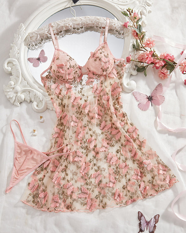Curvvvy™ Rosengesticktes Babydoll & String Set aus transparenter Spitze