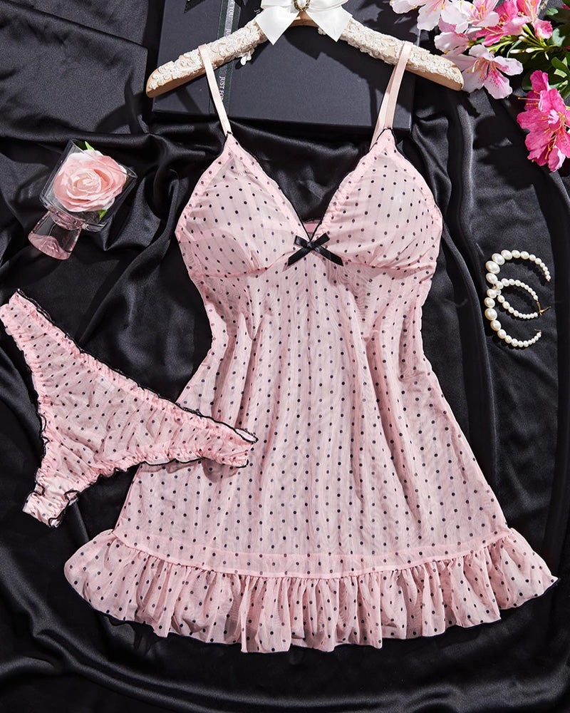 Curvvvy™ Sheer Polka Dot Babydoll Lingerie Set