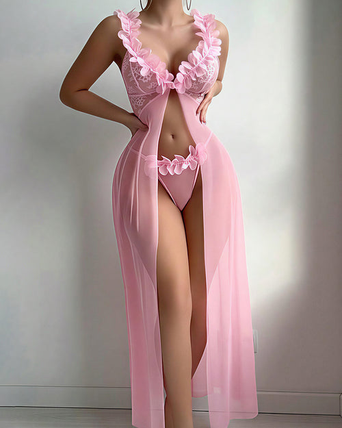 Curvvvy™ Conjunto de Lencería de Malla Transparente con Bordado de Mariposas