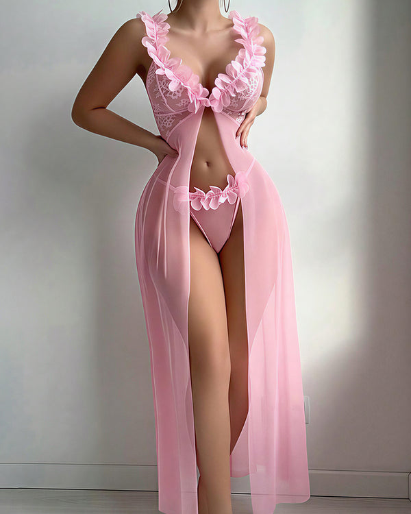 Curvvvy™ Conjunto de Lencería de Malla Transparente con Bordado de Mariposas
