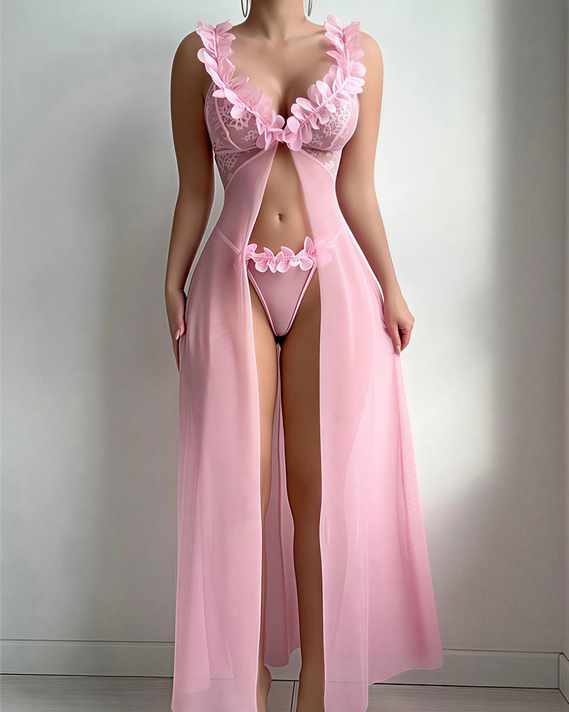 Curvvvy™ Conjunto de Lencería de Malla Transparente con Bordado de Mariposas