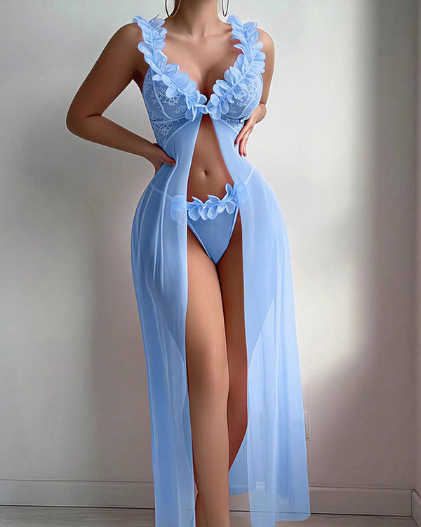 Curvvvy™ Conjunto de Lencería de Malla Transparente con Bordado de Mariposas