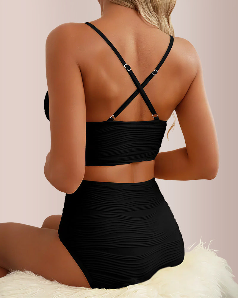 Curvvvy® U-Shaped Cutout High-Waisted Textured Swimsuit Set