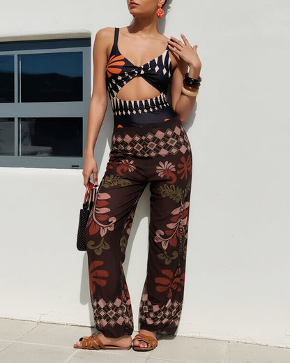 Curvvvy®Retro Print Mesh Pant Modest Swimsuit Set