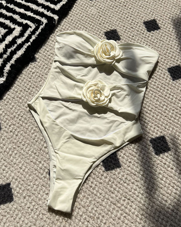 Curvvvy®Tricolore Strapless Floral Appliqué One-Piece Swimsuit