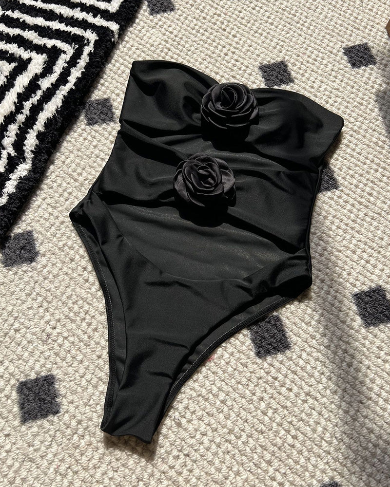 Curvvvy®Tricolore Strapless Floral Appliqué One-Piece Swimsuit