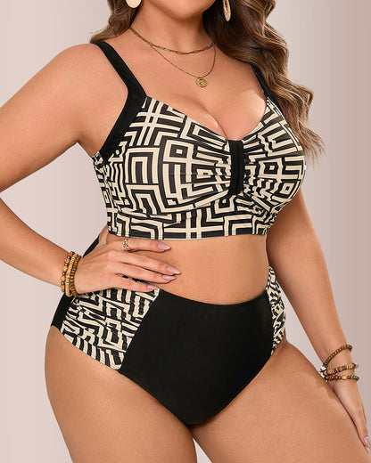 Curvvvy® Plus Size High Waisted Geometric Print Bikini Set