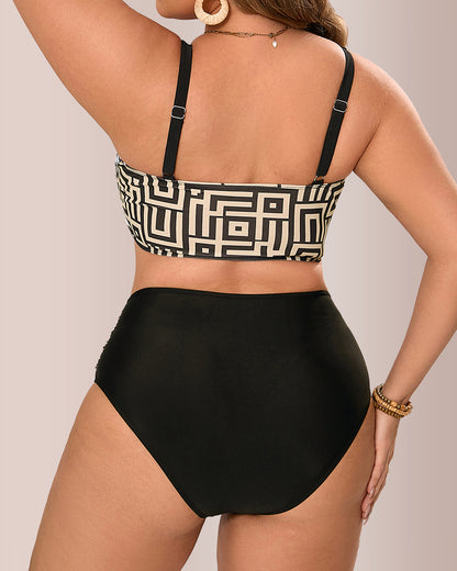 Curvvvy® Plus Size High Waisted Geometric Print Bikini Set