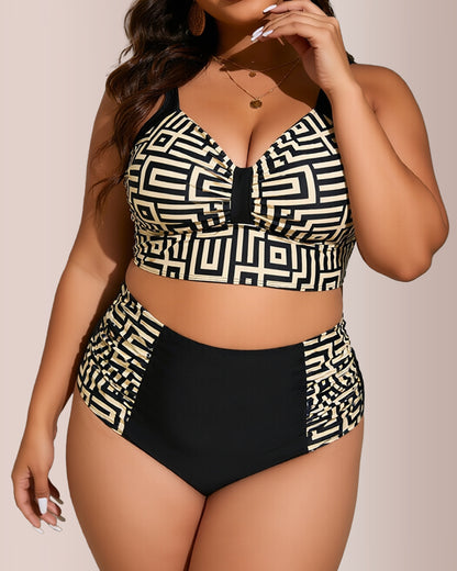 Curvvvy® Plus Size High Waisted Geometric Print Bikini Set