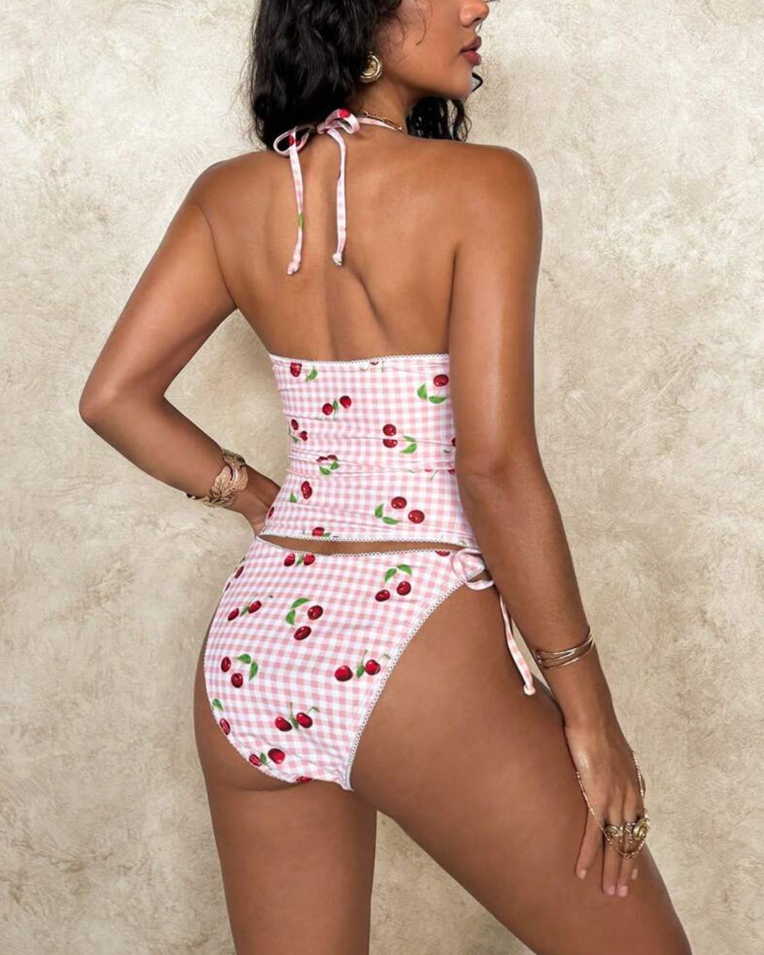 Curvvvy®  Sweet Cherry Grid Print Cute 2 Piece Bikini Set