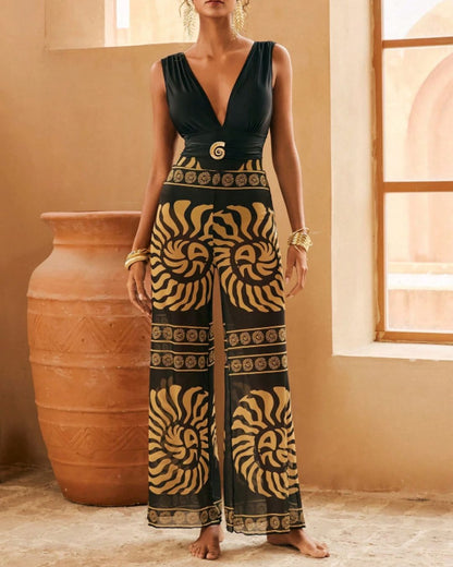 Curvvvy® Retro Spiral Textured One Piece Swimsuit with Cover Up Pants