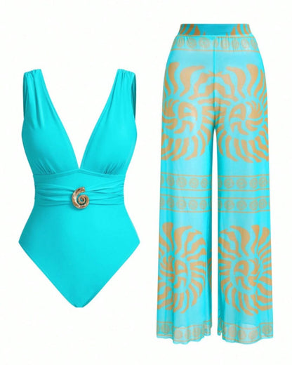 Curvvvy® Retro Spiral Textured One Piece Swimsuit with Cover Up Pants