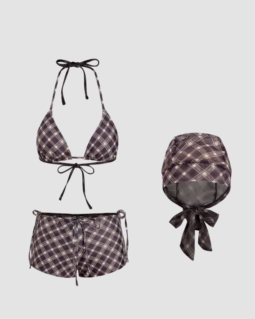 Curvvvy® Halter Neckline Check Knotted Triangle Tieside Bikini Set with Coverup Shorts & Headscarf