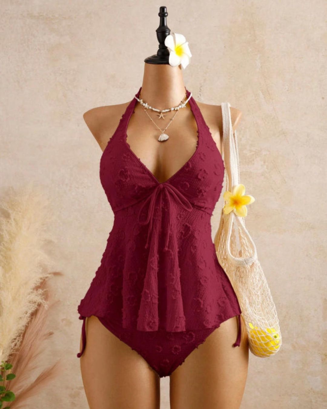 Curvvvy® Girly Relaxed Vacation Polka Dot Textured Fabric Camisole Babydoll Bikini Set