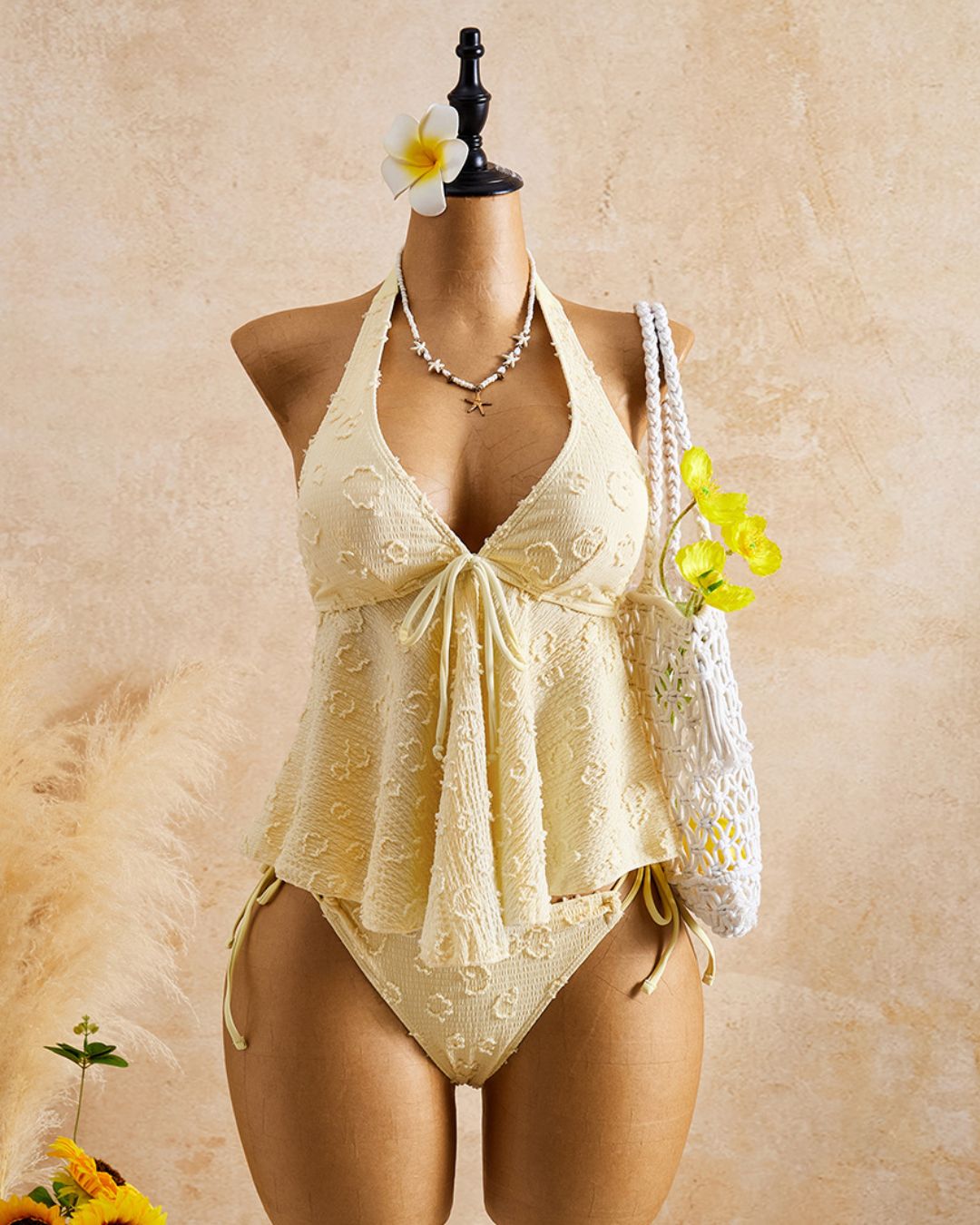 Curvvvy® Girly Relaxed Vacation Polka Dot Textured Fabric Camisole Babydoll Bikini Set