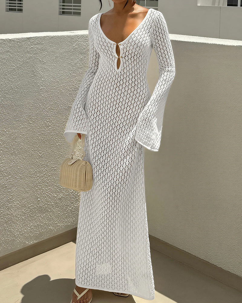 Curvvvy® Bohemian Crochet Long Sleeve Maxi Beach Cover-Up Dress