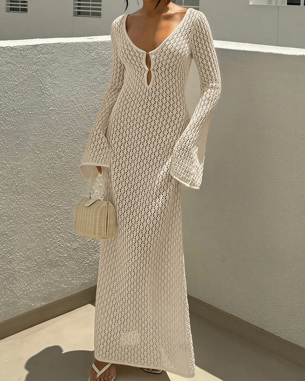 Curvvvy® Bohemian Crochet Long Sleeve Maxi Beach Cover-Up Dress