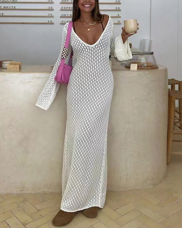 Curvvvy® Bohemian Crochet Long Sleeve Maxi Beach Cover-Up Dress