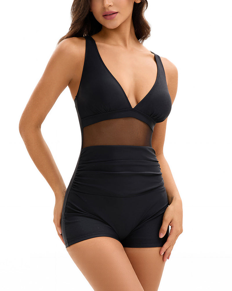 Curvvvy™ V-Neck Mesh Panel Boyleg One-Piece Swimsuit