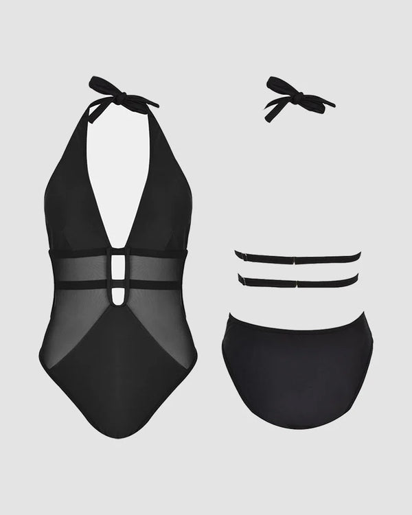 Curvvvy™ Deep V Halter Mesh Cutout One-Piece Swimsuit