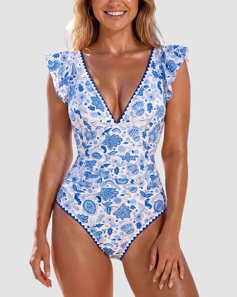 Curvvvy™ Deep V-Neck Ruffle Sleeve One-Piece Swimsuit