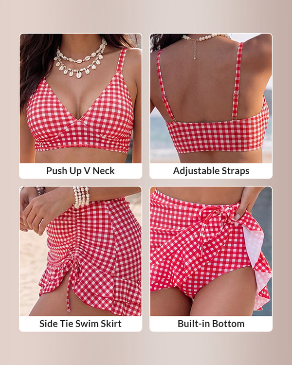 Curvvvy™ Retro Gingham 3-Piece Bikini Set With Ruched Skirt