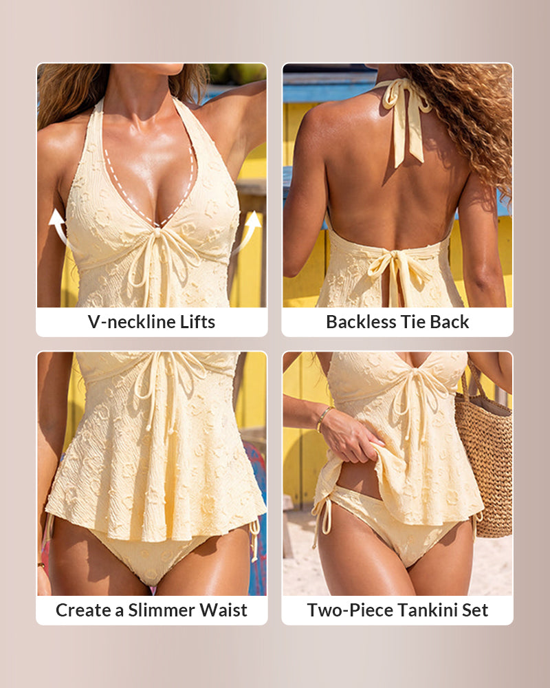 Curvvvy™ Textured Lace Halter Peplum Tankini Set