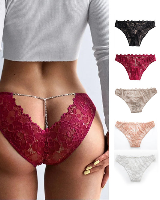 Curvvvy® Low-Rise Rhinestone Chain Sheer Floral Lace Thong Panties