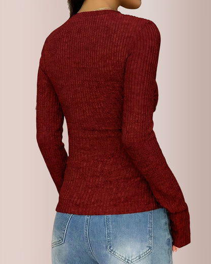 Curvvvy® Contrast Lace Rib-Knit Button Up Long Sleeve T-Shirt