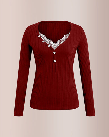 Curvvvy® Contrast Lace Rib-Knit Button Up Long Sleeve T-Shirt