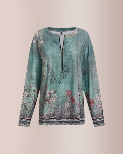 Curvvvy® Floral Print Ring Zip Up Round Neck Long Sleeve T-Shirt