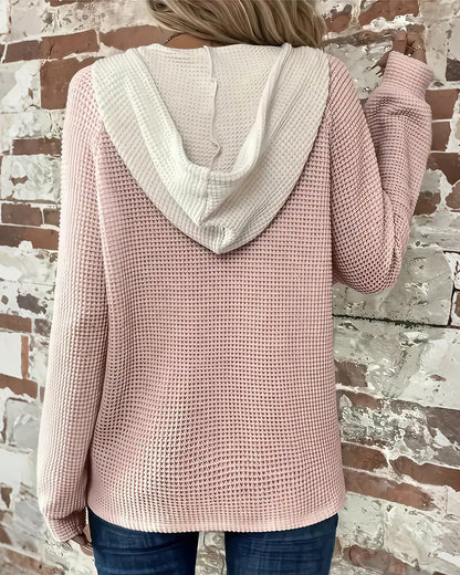 Curvvvy® Waffle Knit Drawstring Button Front Contrast Binding Hoodie