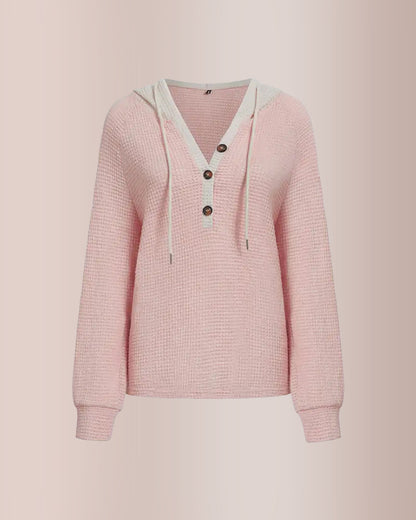 Curvvvy® Waffle Knit Drawstring Button Front Contrast Binding Hoodie