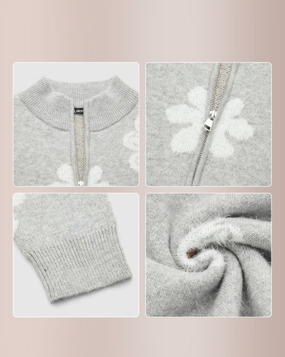Curvvvy® Floral Pattern Half Zip High Neck Sweater