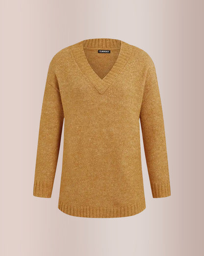 Curvvvy® Solid Ribbed V Neck Long Sleeve Sweater