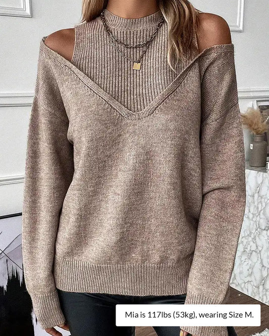 Curvvvy® Solid Ribbed Cold Shoulder 2-In-1 Sweater