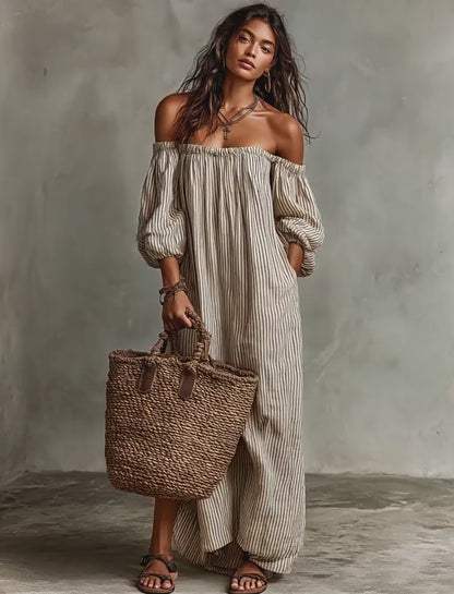 Curvvvy™ Striped Off-Shoulder Linen Resort Maxi Dress