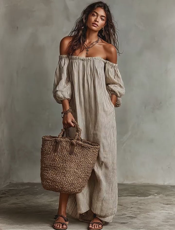 Curvvvy™ Striped Off-Shoulder Linen Resort Maxi Dress