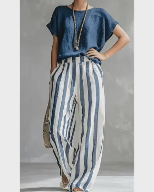 Curvvvy® Cozy Loose-fit Striped Cotton-linen Two-piece Set