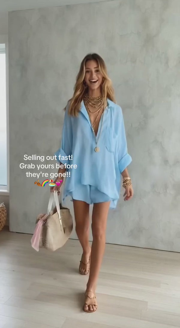 Curvvvy™ Solid Pocket Two-Piece Set, Casual Short Sleeve Shirt & Shorts Outfit