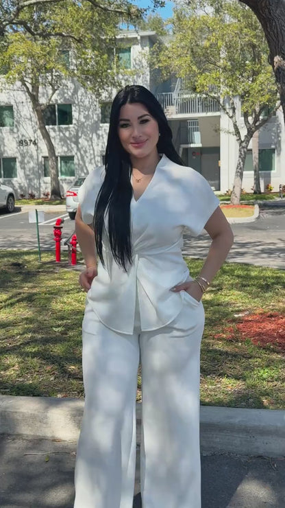 Curvvvy™ Elegant V-Neck Twist Front Wide Leg Two-Piece Set
