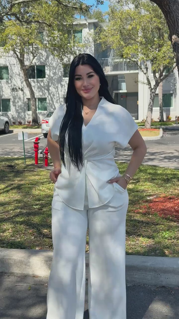 Curvvvy™ Elegant V-Neck Twist Front Wide Leg Two-Piece Set