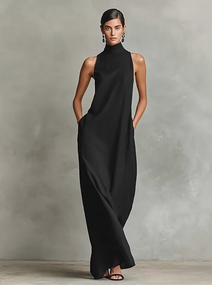 Curvvvy™ Effortless Linen Blend High Neck Maxi Dress With Pockets