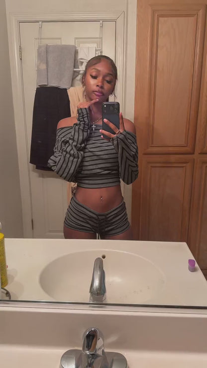 Curvvvy™ Slouchy Striped Off-Shoulder Crop Top Set