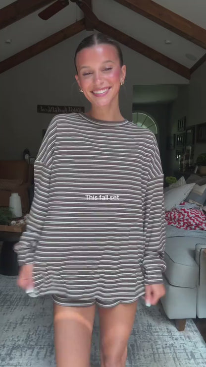 Curvvvy™ Oversized Striped Long Sleeve & Wide Leg Shorts Lounge Set
