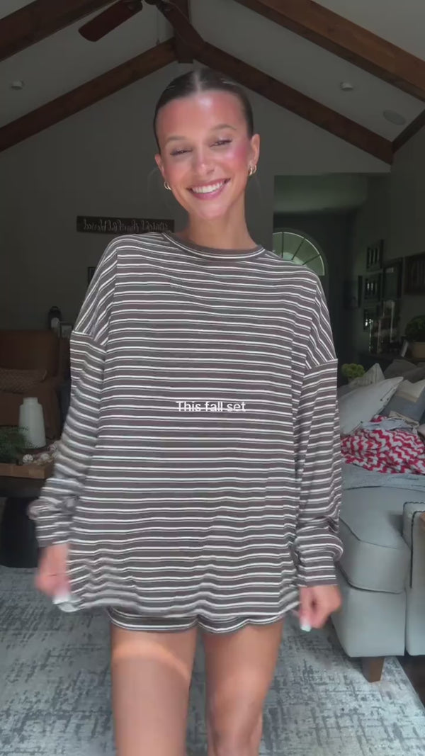 Curvvvy™ Oversized Striped Long Sleeve & Wide Leg Shorts Lounge Set