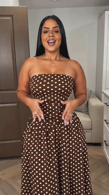 Curvvvy™ Vintage Polka Dot Strapless Ruffle Maxi Dress