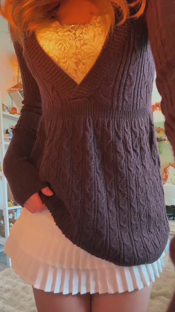 Curvvvy™ Vintage Cable Knit Deep-V Babydoll Sweater