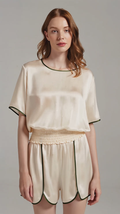 Curvvvy™ 100% Mulberry Silk Contrast Trim Short Pajama Set